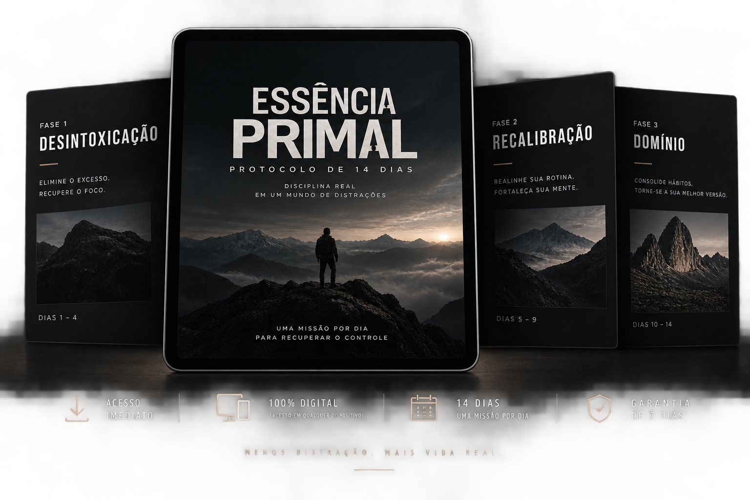 Mockup do Protocolo Essência Primal de 14 dias em tablet, com as fases Desintoxicação, Recalibração e Domínio